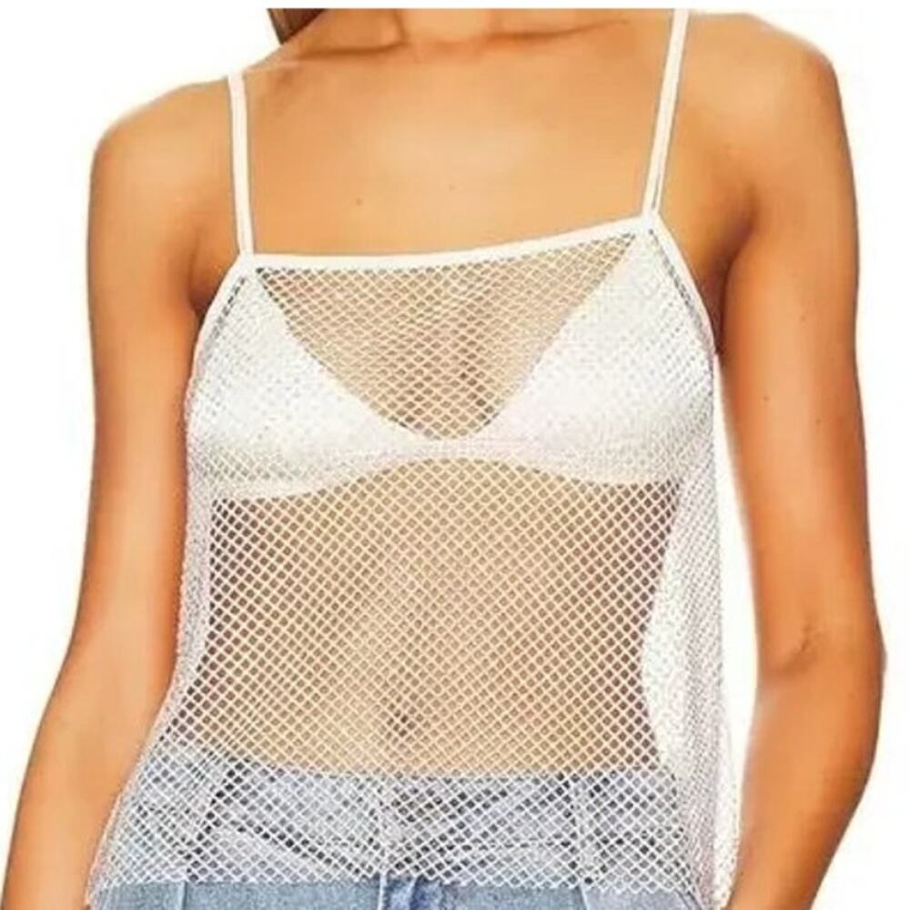 NWT WeWoreWhat Crystal Sheer Mesh Cami Mini Rhinestone Embellishments M White